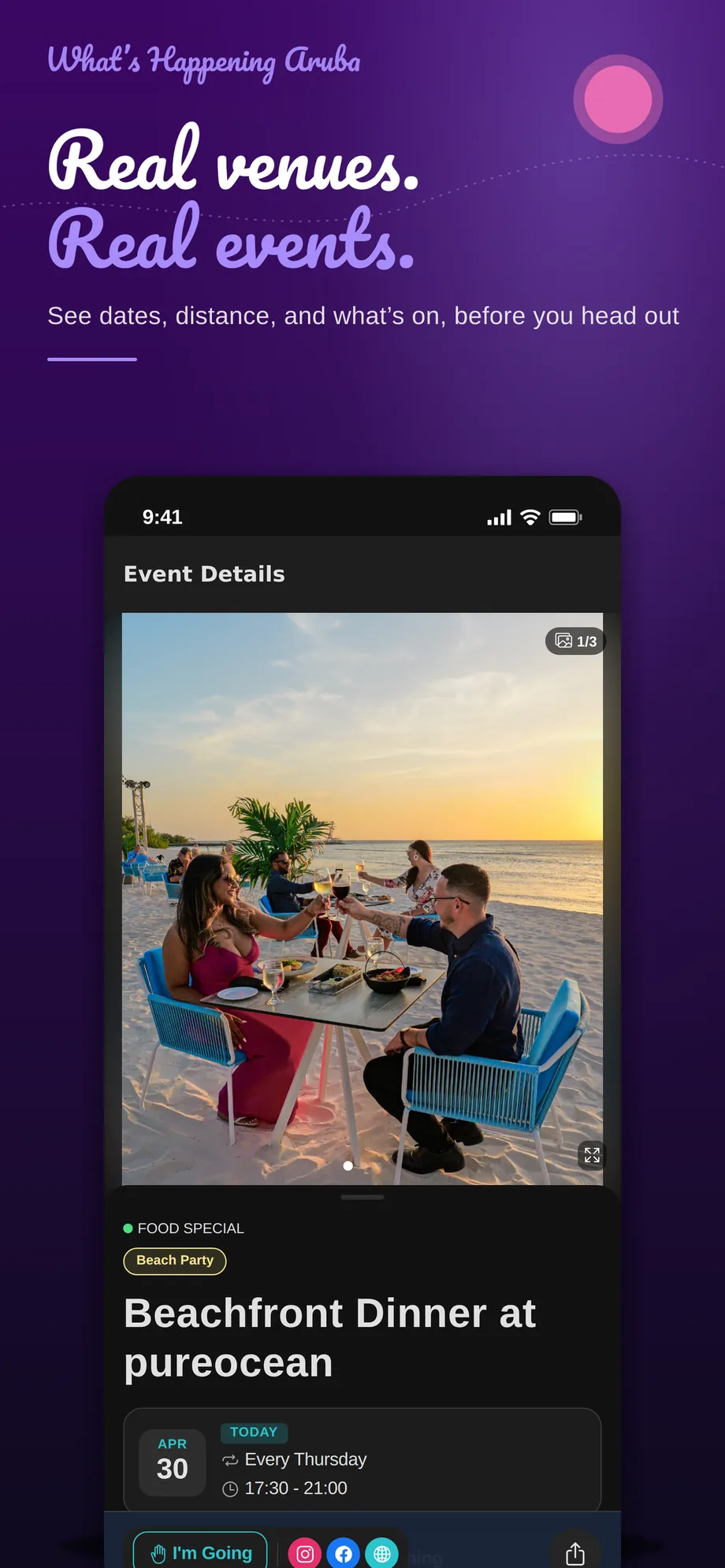 Event detail screen with times, venue, and sharing options