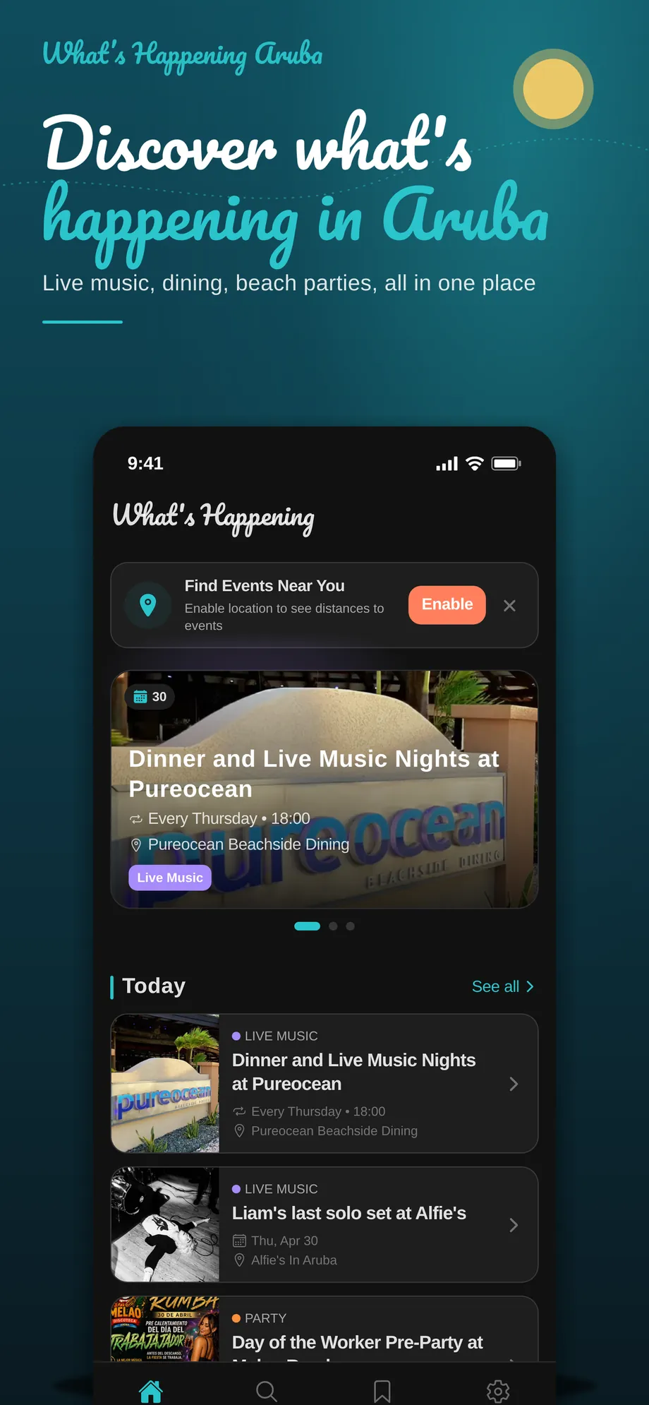 What's Happening Aruba home feed listing tonight's events across the island
