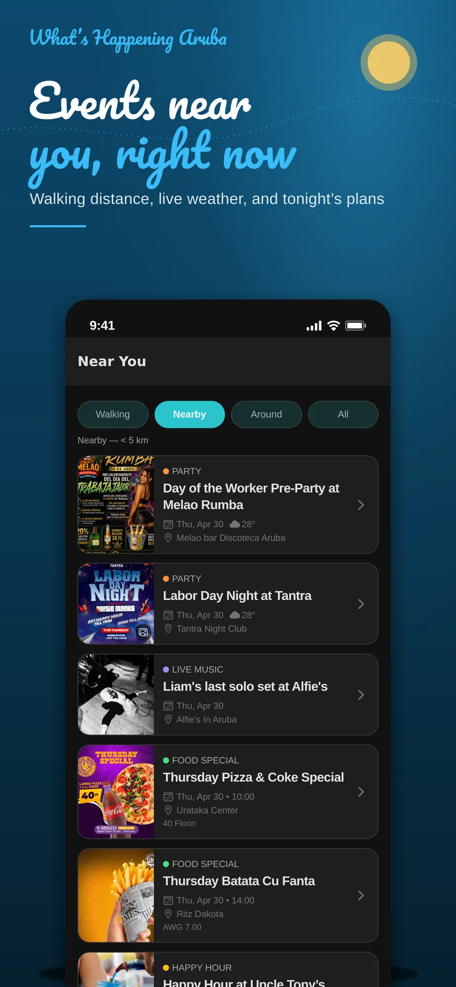 Nearby screen ranking events by distance from your location